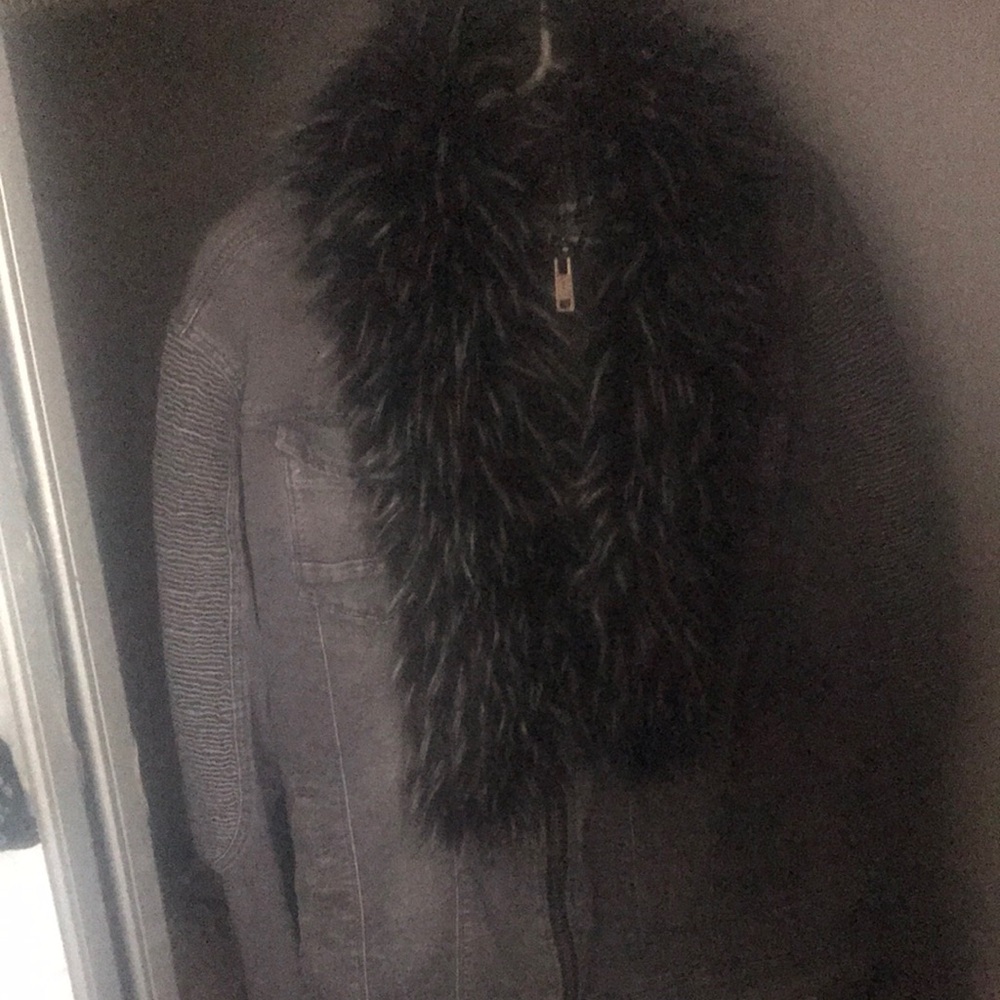 Black and Gray Teddy Jacket with Fluffy Fur Collar